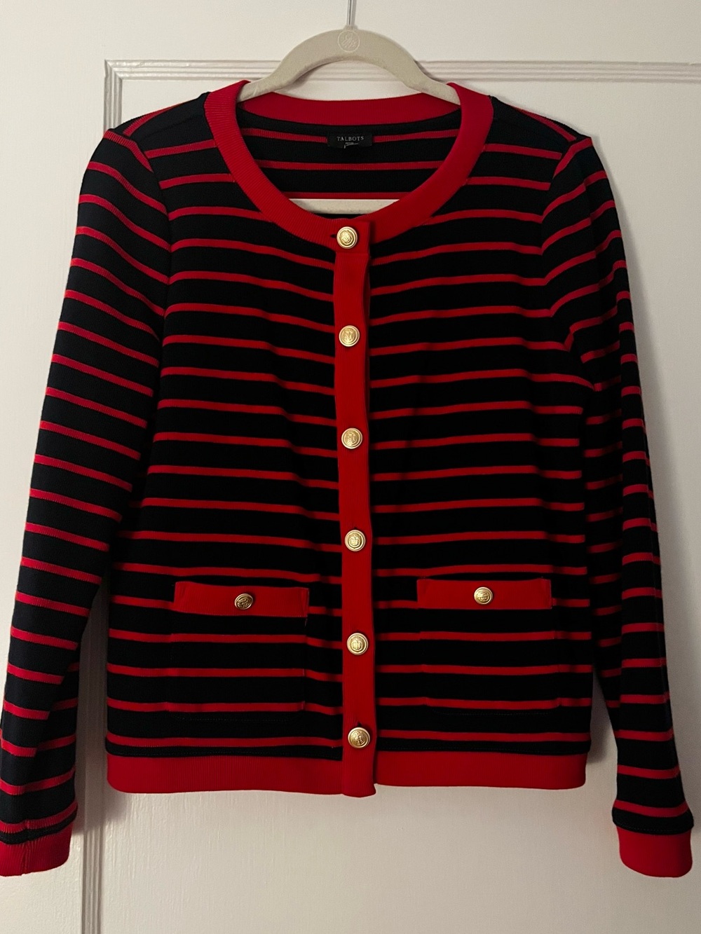 Talbots Stripe Cardigan Sweater - Red/Navy